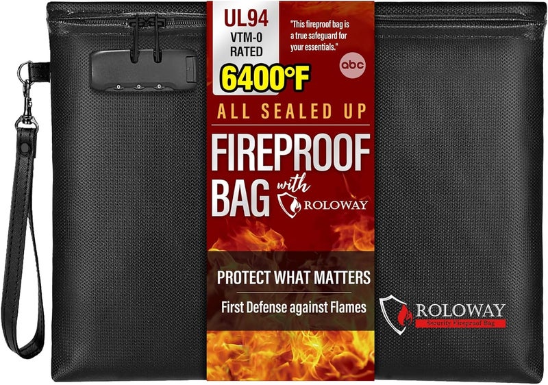 ROLOWAY Fireproof Document Bag (14.5 x 11.5 inch), 6400℉ Fireproof Money Bag with Zipper for Cash, Fire Safe Money Pouch with Lock (Black) - Image 1